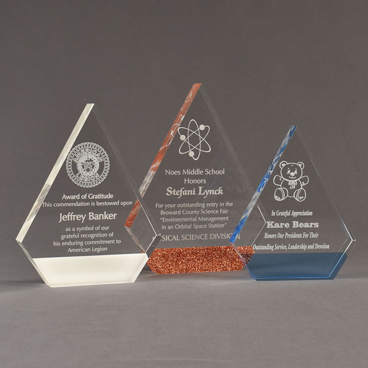Colorful peak shaped acrylic trophies with ColorCast™ Accent.